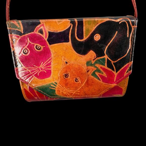 Vtg Leather Crossbody Bag Mirror Hand Painted Animals Floral Artsy Boho - Picture 12 of 13